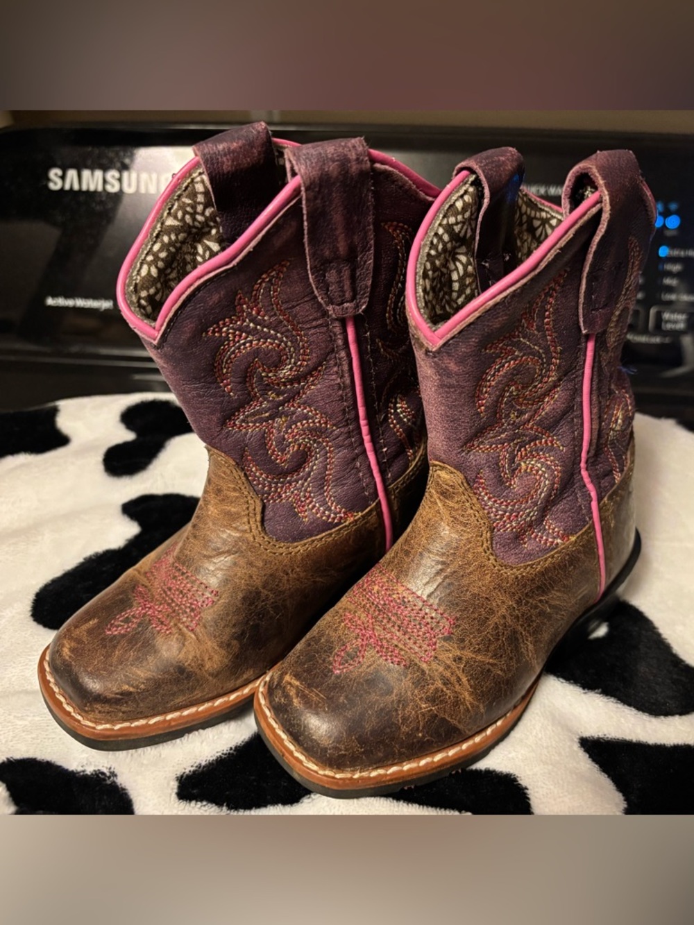 Dan Post Brown Leather baby Cowboy Boots with Purple Shaft and Pink Trim